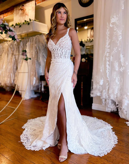 V-Neck Lace Wedding Dress with Slit