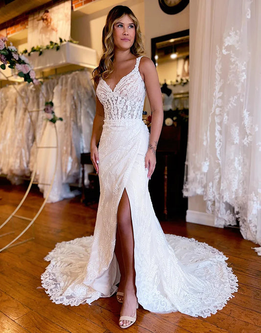 V-Neck Lace Wedding Dress with Slit