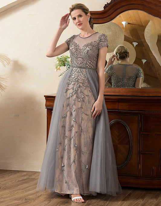 A Line Tulle Beaded Glitter Mother of Bride Dress