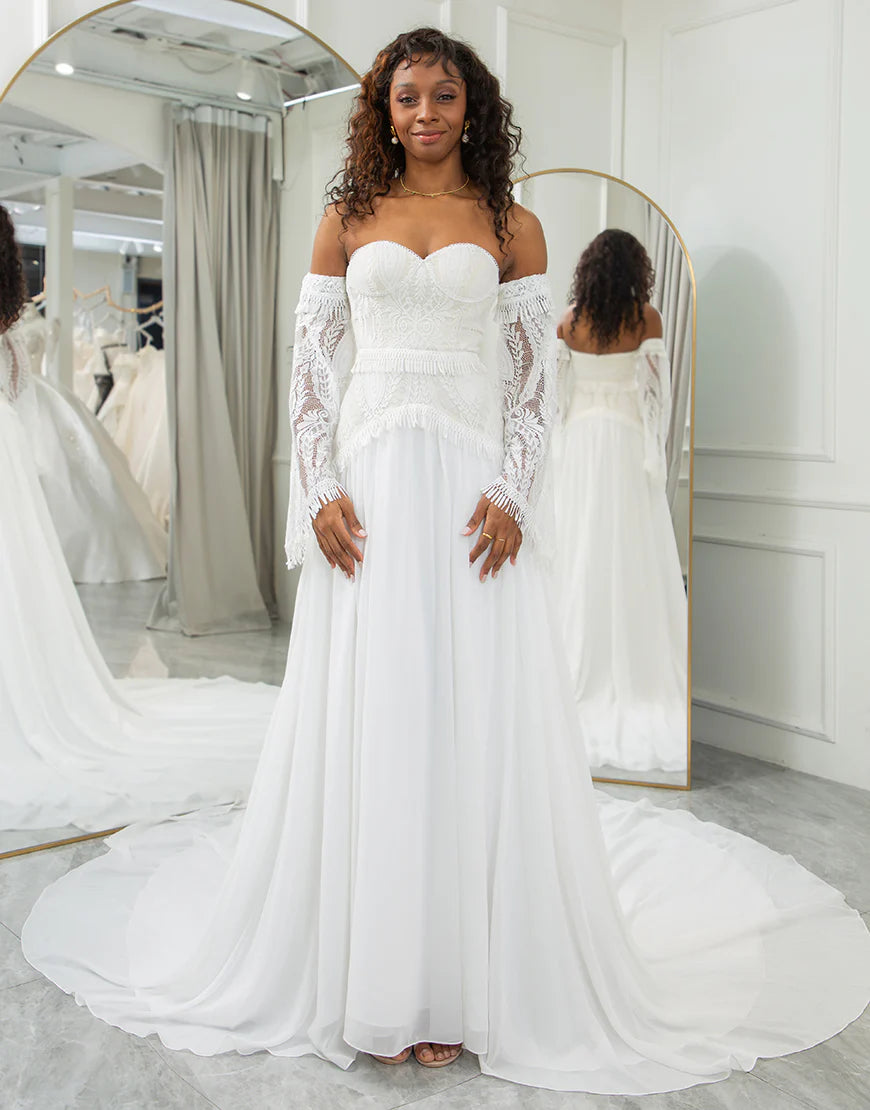 Sweetheart Detachable Flare Sleeves Boho Wedding Dress