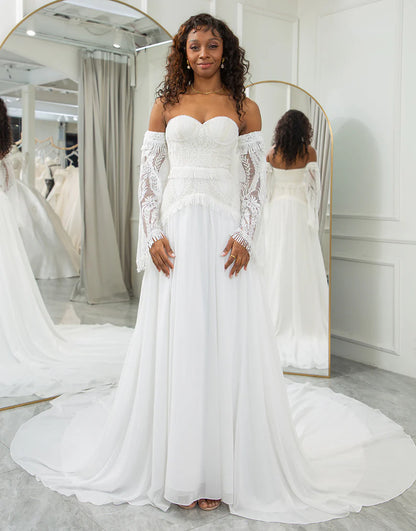 Sweetheart Detachable Flare Sleeves Boho Wedding Dress