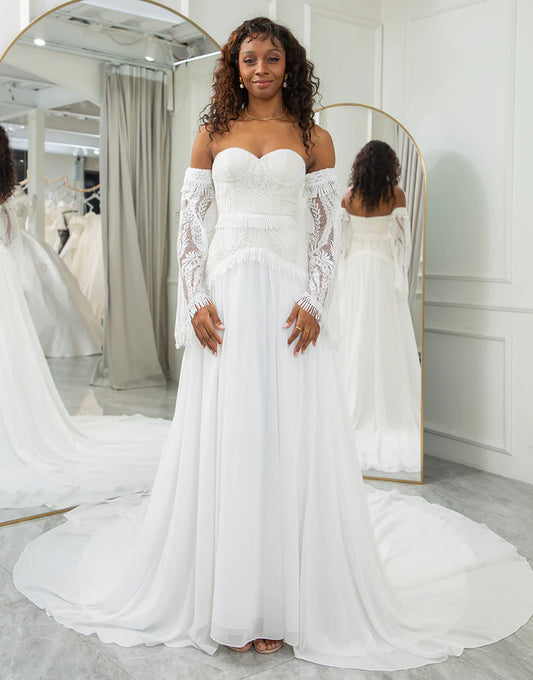Sweetheart Detachable Flare Sleeves Boho Wedding Dress