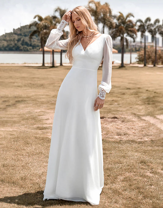 Boho Simple Sheath Long Sleeves Wedding Dress with Lace