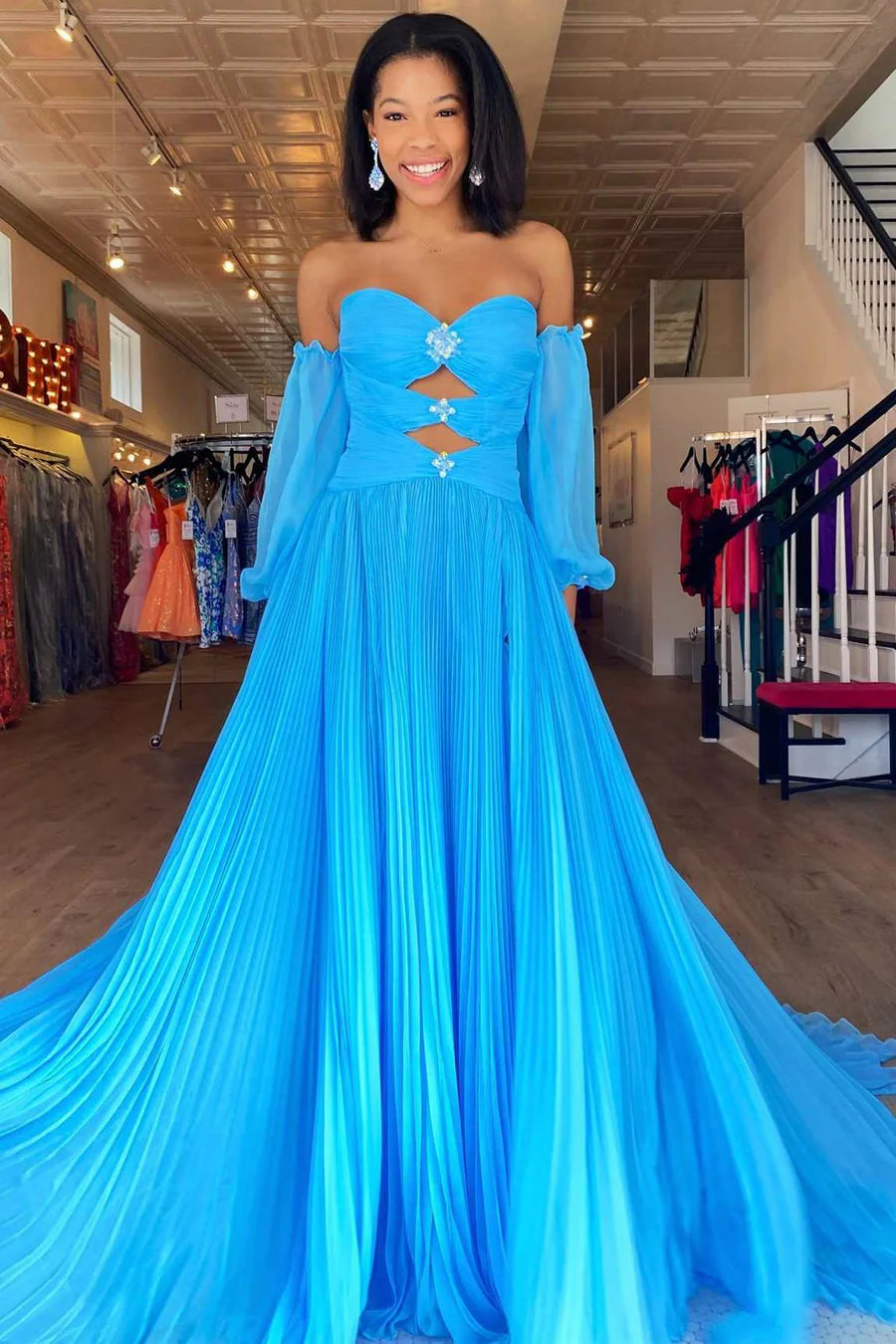 Beaded Strapless Cutout Long Prom Dress with Balloon Sleeves