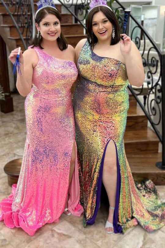 Sequins One-Shoulder Mermaid Long Prom Dress with Slit