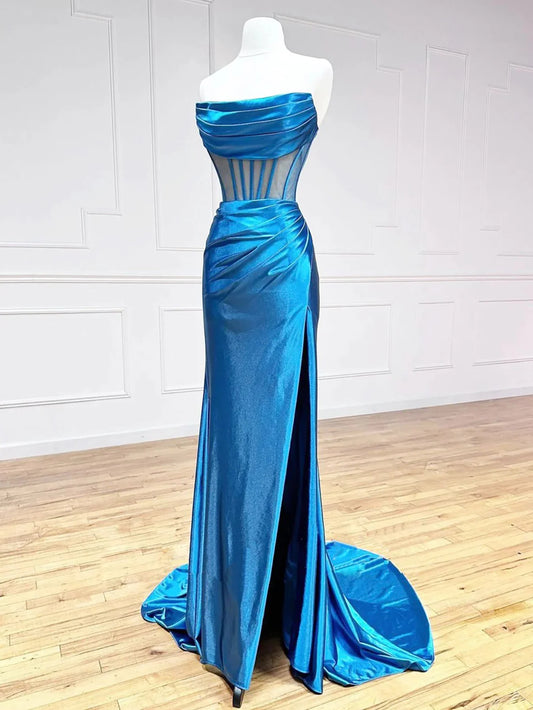 Mermaid Strapless Corset Long Prom Dress With Slit