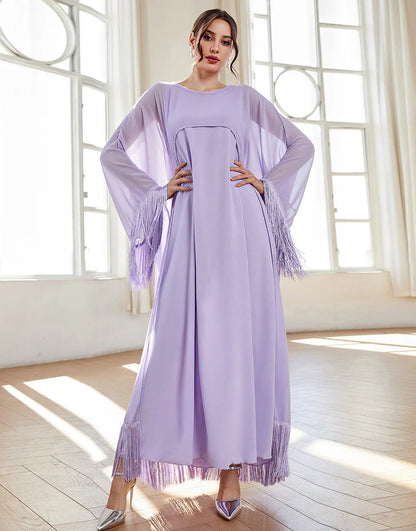 Boat Neck Fringes Lilac Formal Dress with Cape