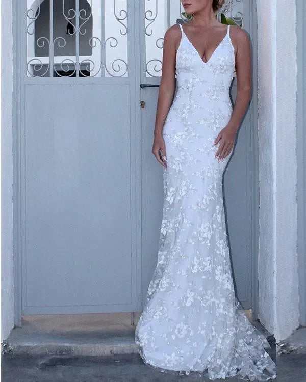Elegent Lace V-Neck Sleeveless Long Wedding Dress