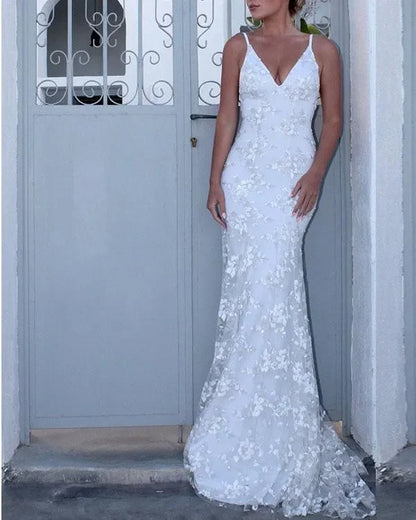 Elegent Lace V-Neck Sleeveless Long Wedding Dress