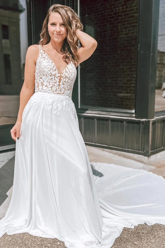 White Appliques Plunge V Open Back Back Buckle Mopping The Floor Long Wedding Dress