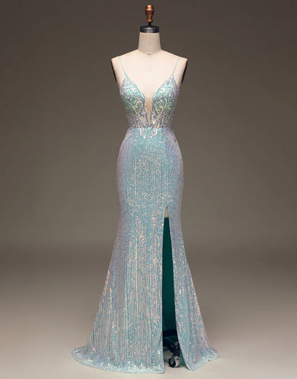 Mermaid Sparkly Sequins Grey Blue Long Prom Dress with Silt