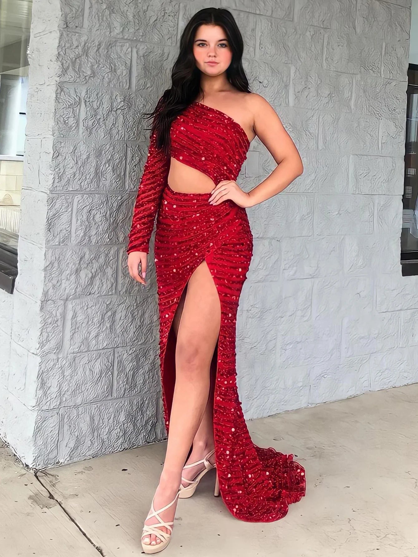One Shoulder Long Sleeves Mermaid Sequins Long Prom Dress