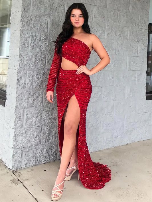 One Shoulder Long Sleeves Mermaid Sequins Long Prom Dress