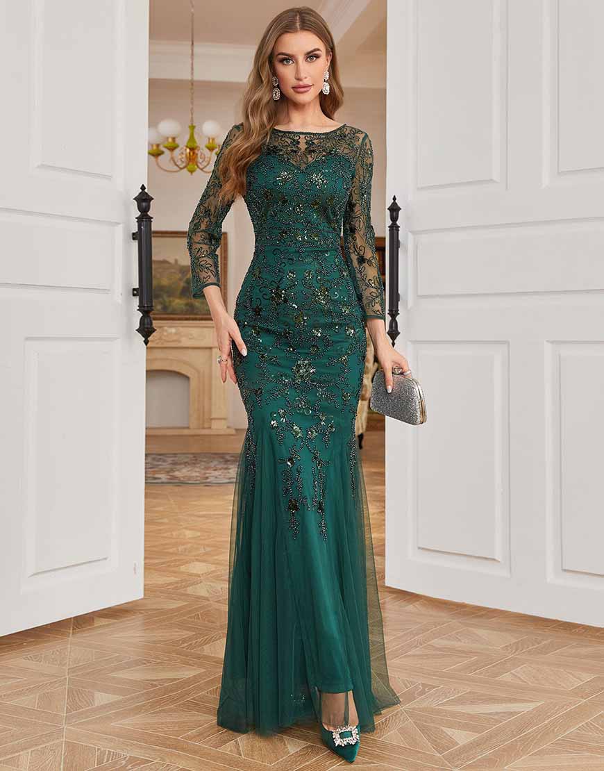 Dark Green Long Sleeves Beading Formal Evening Party Dress