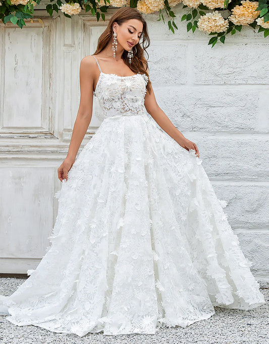 Floral Lace Sweep Train Wedding Dress