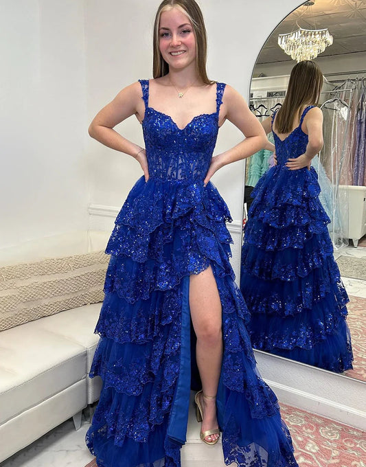 A-Line V Neck Tiered Long Prom Dress With Slit