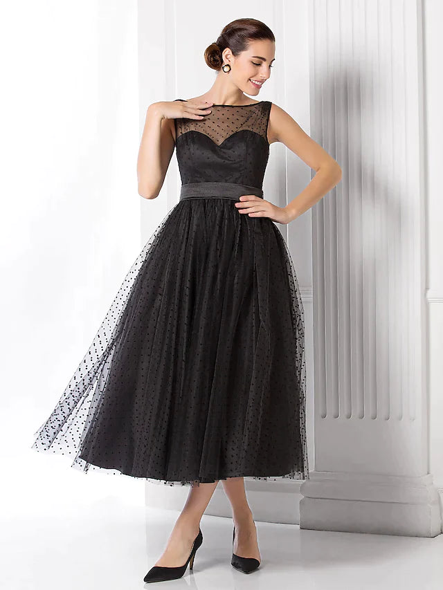 A-Line Vintage Wedding Guest Black Cocktail Party Dress Illusion Neck Sleeveless Tea Length Tulle with Pattern PrintA-Line Vintage Wedding Guest Black Cocktail Party Dress Illusion Neck Sleeveless Tea Length Tulle with Pattern Print