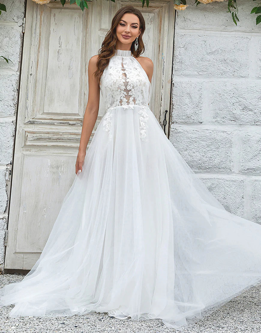 Open Back Tulle Sweep Train Wedding Dress with Lace