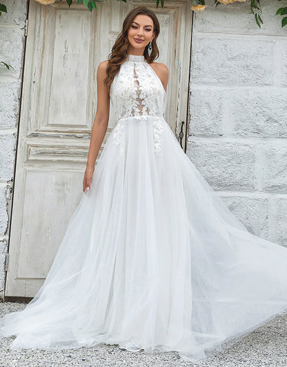 Open Back Tulle Sweep Train Wedding Dress with Lace