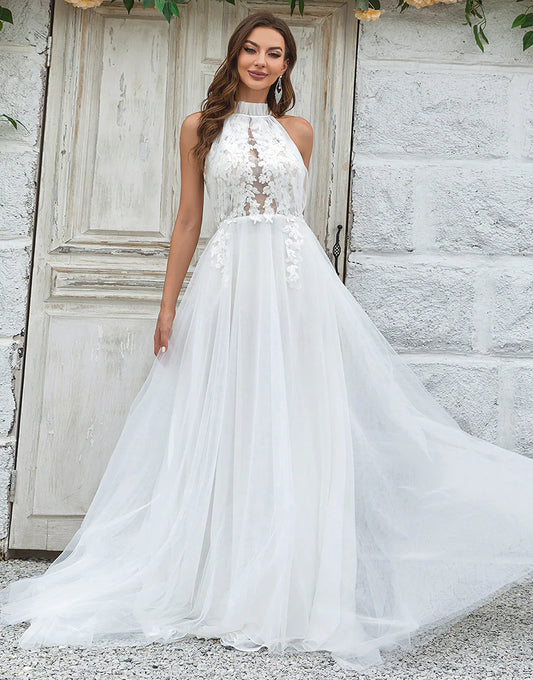 Open Back Tulle Sweep Train Wedding Dress with Lace