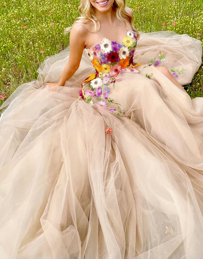A Line Sweetheart Flower Long Prom Dress With Appliques