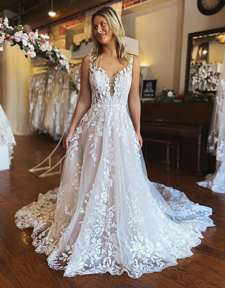 A-Line V-Neck Backless Long Lace Wedding Dress