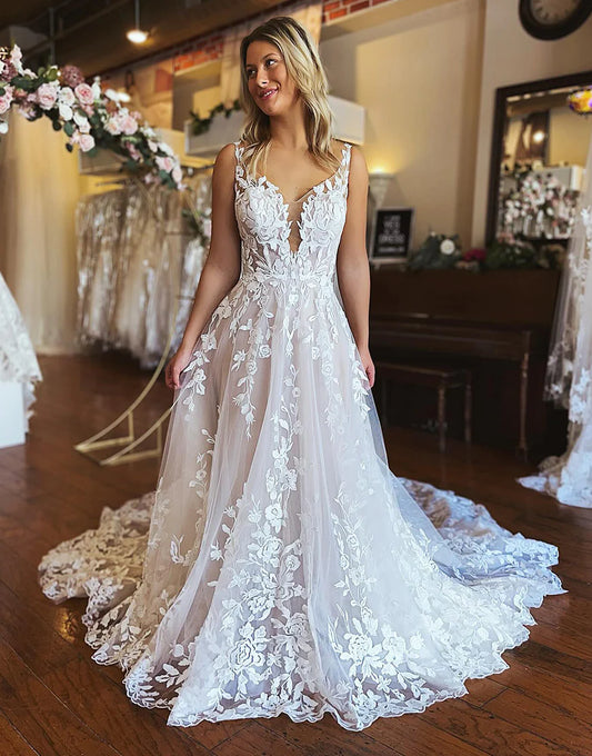 A-Line V-Neck Backless Long Lace Wedding Dress