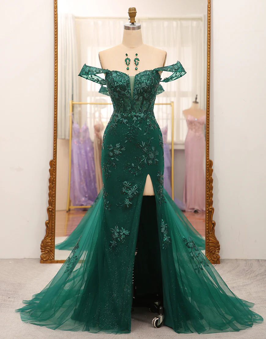 Stylish Mermaid Off the Shoulder Dark Green Corset Prom Dress with Split Front