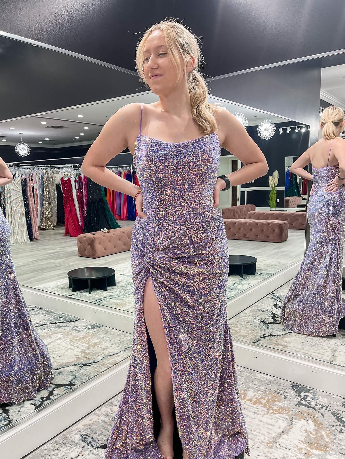 Spaghetti Straps Sequin Prom Dress With Slit