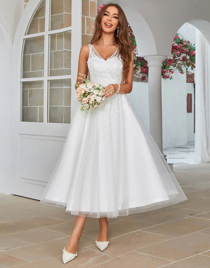 Mid-Calf Tulle Wedding Dress with Lace