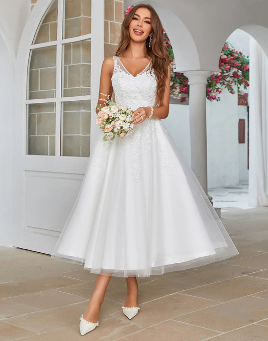 Mid-Calf Tulle Wedding Dress with Lace