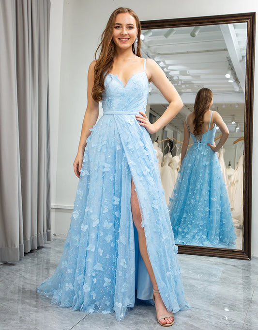 A Line Spaghetti Straps Beaded Prom Dress With Slit