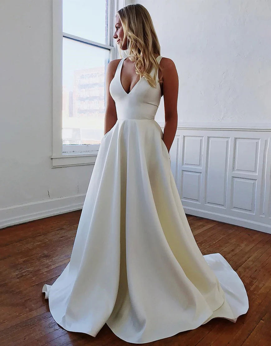 Lace Long Sleeves Deep V-neck Boho Wedding Dress with Backless