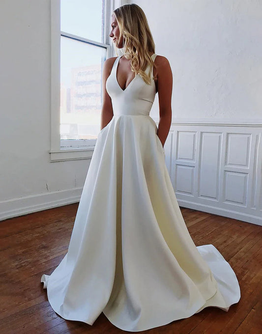 Lace Long Sleeves Deep V-neck Boho Wedding Dress with Backless