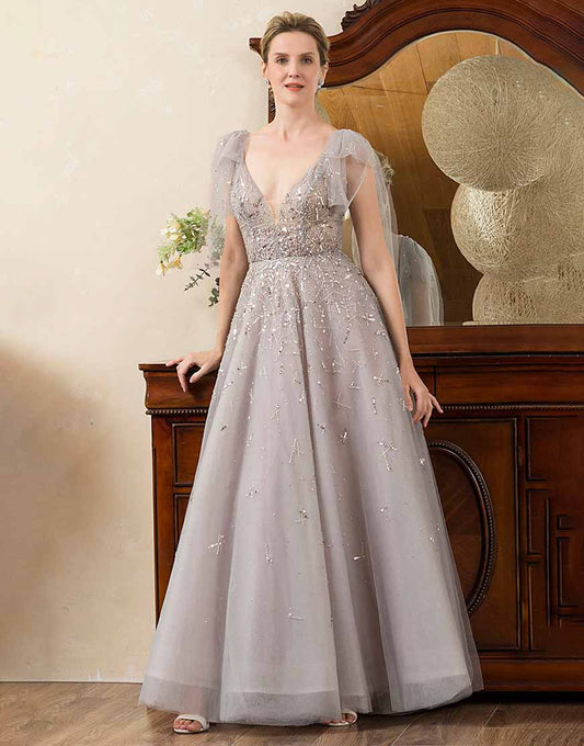 Grey A Line Beading Glitter Mother of Bride Dress