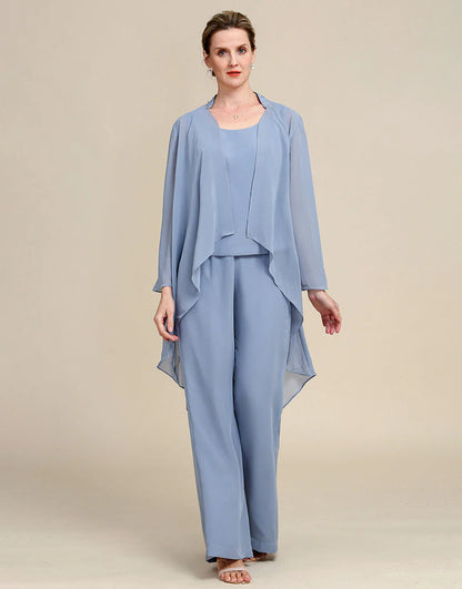 Grey Blue Long Sleeves 3 Piece Mother of the Bride Pant Suits