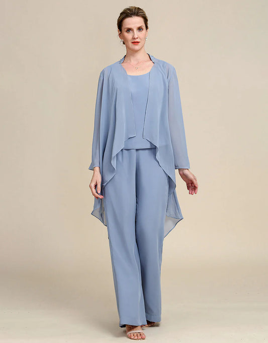 Grey Blue Long Sleeves 3 Piece Mother of the Bride Pant Suits