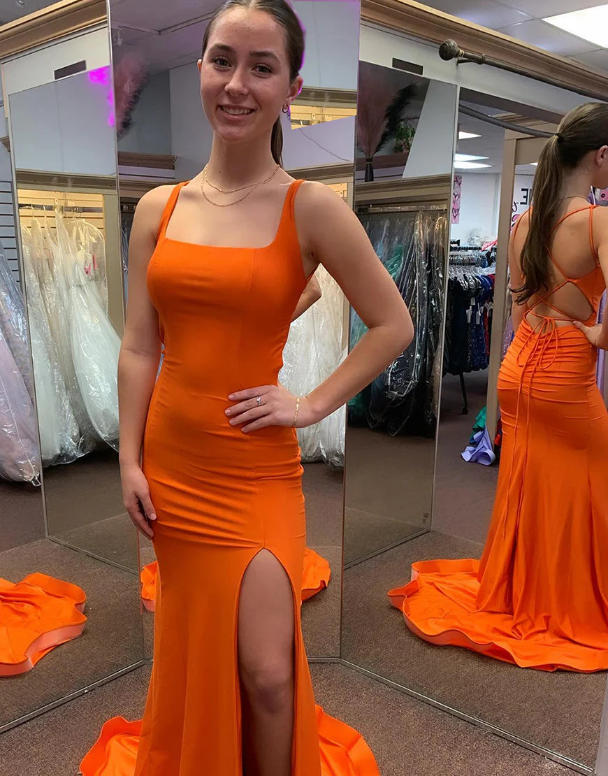 Mermaid Square Neck Long Prom Dress With Slit