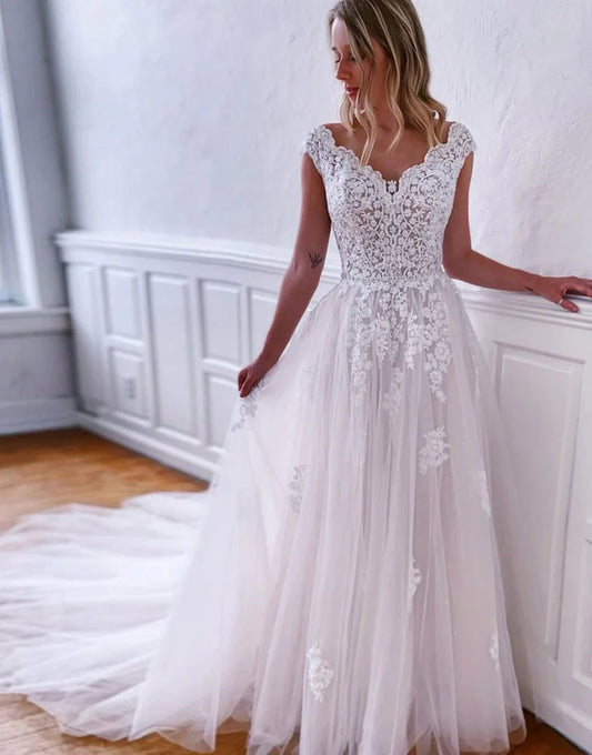 V Neck A Line Tulle Long Bridal Dress