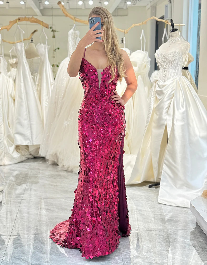 Sparkly Fuchsia Mermaid Corset Long Prom Dress With Slit