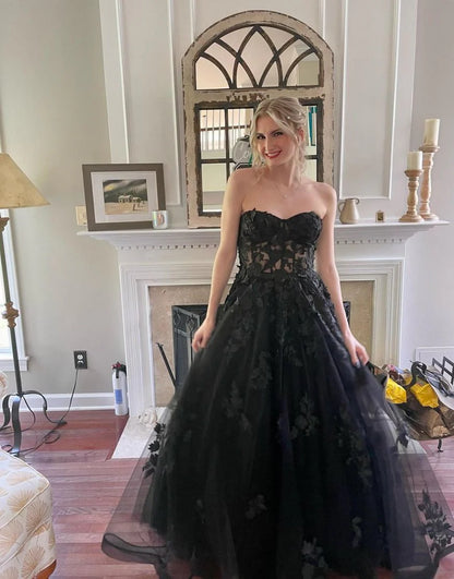 Sweetheart Long Tulle Black Prom Dress