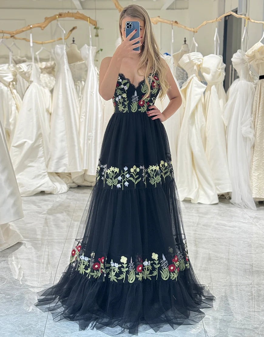 A-Line Long Tulle Prom Dress With Embroidery