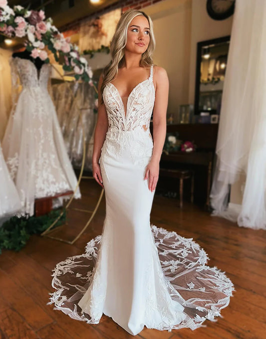 Mermaid V Neck Satin Wedding Dresses with Appliques