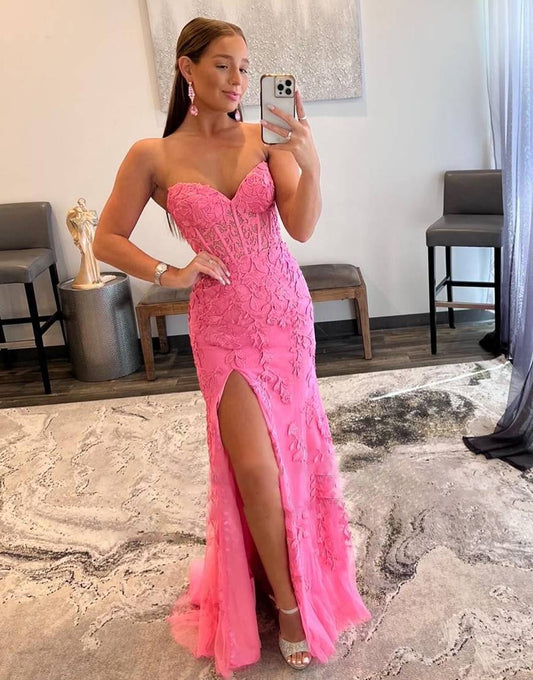 Sweetheart Side Slit Long Appliques Prom Dress