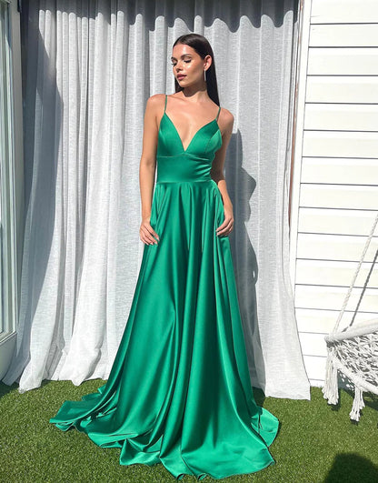 V-Neck A-Line Long Prom Dress
