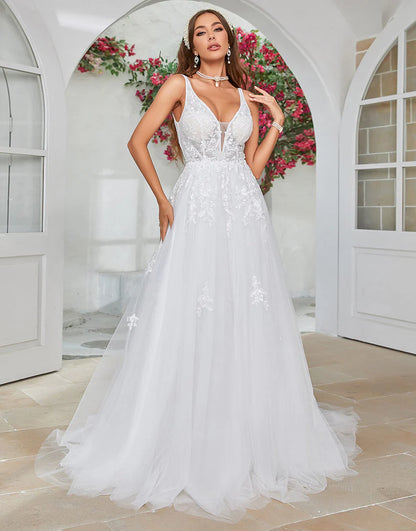 V-Neck Sweep Train Wedding Dress with Lace