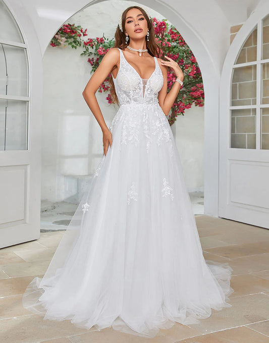 V-Neck Sweep Train Wedding Dress with Lace
