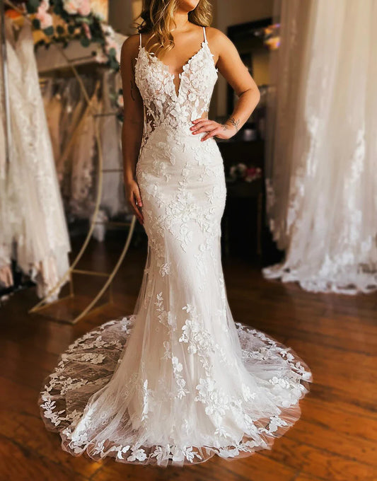 Gorgeous Applique Sheath Mermaid Floor Length Wedding Dress