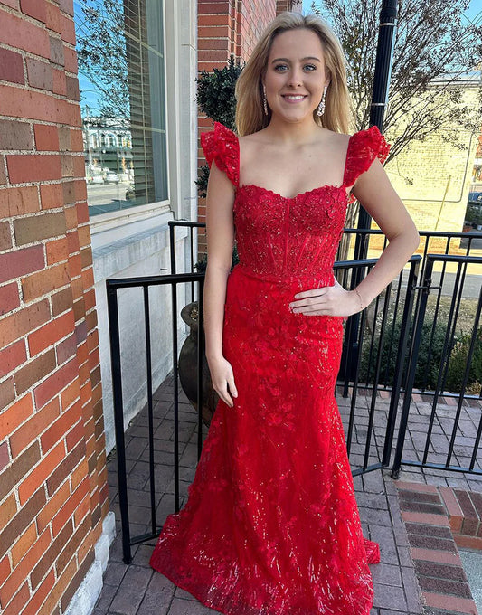 Mermaid Sweetheart Flutter Sleeve Long Prom Dress With Appliques