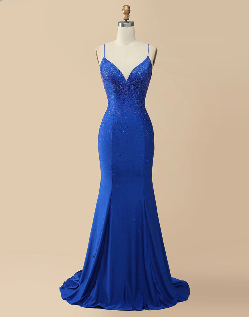 V-neck Beaded Mermaid Long Corset Prom Dress
